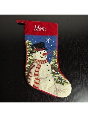 PERSONAL CREATIONS Snowman Needlepoint Wool/Velvet Christmas Stocking 'MOM'